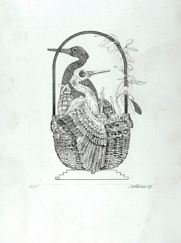 Valeriano Trubbiani : Cesta con cicogne  (1974)  - Incisione - Asta Autori dell'800-900, Arte Moderna e Contemporanea, Grafica ed Edizioni - Galleria Pananti Casa d'Aste