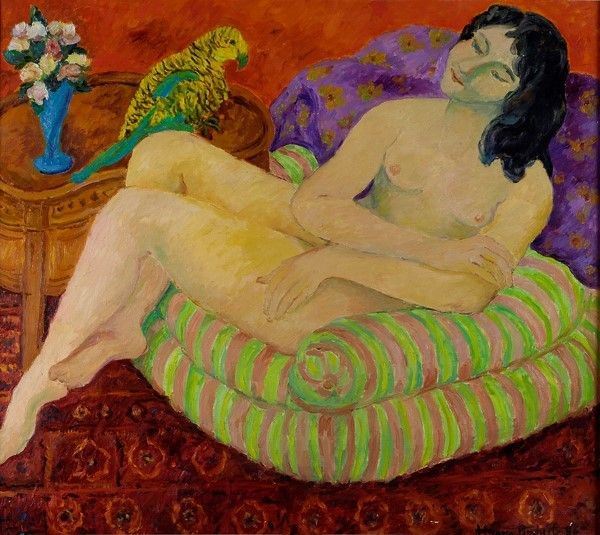Adriana Pincherle : Nudo con pappagallo  (1986)  - Olio su tela - Asta Autori dell'800-900 - I - Galleria Pananti Casa d'Aste