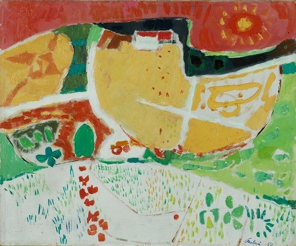 Enrico Paulucci : Cielo rosso sulle Langhe  (1967)  - Olio su tela - Asta Autori dell'800-900 - I - Galleria Pananti Casa d'Aste