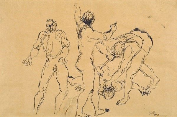 Renato Guttuso : La rissa  (1950)  - Inchiostro su carta - Asta Autori dell'800-900 - I - Galleria Pananti Casa d'Aste