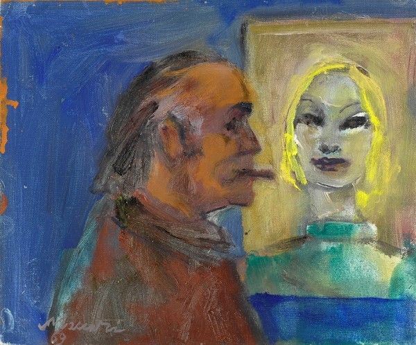 Mino Maccari : Autoritratto con modella  (1969)  - Olio su cartone telato - Asta Autori dell'800-900 - I - Galleria Pananti Casa d'Aste