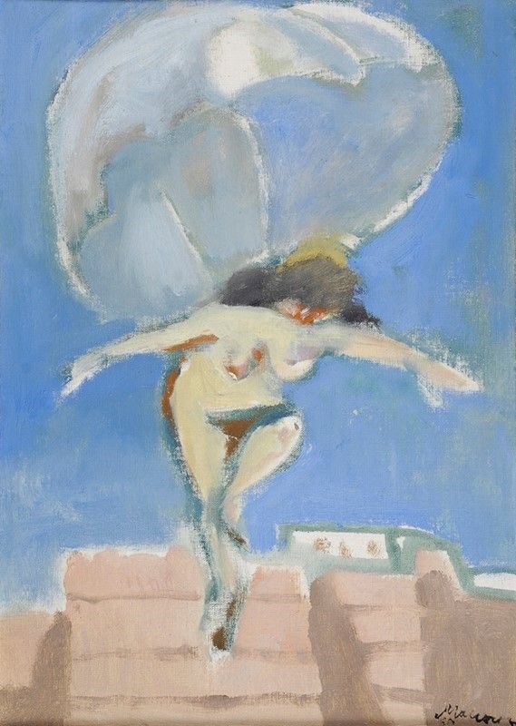 Mino Maccari : Paracadutista  (1960)  - Olio su cartone telato - Asta Autori dell'800-900 - I - Galleria Pananti Casa d'Aste