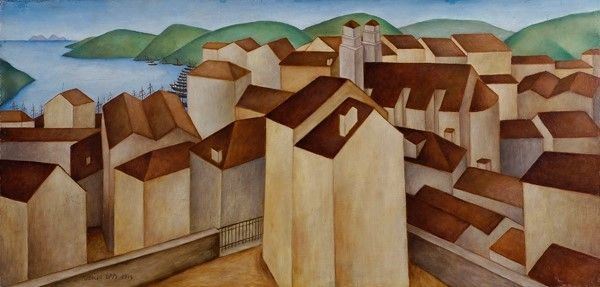 Ubaldo Oppi : Paese col porto  (1914)  - Olio su tavola. - Asta ASTA A TEMPO - Autori dell'800-900, Moderni e Contemporanei, Grafica ed Edizioni - I - Galleria Pananti Casa d'Aste