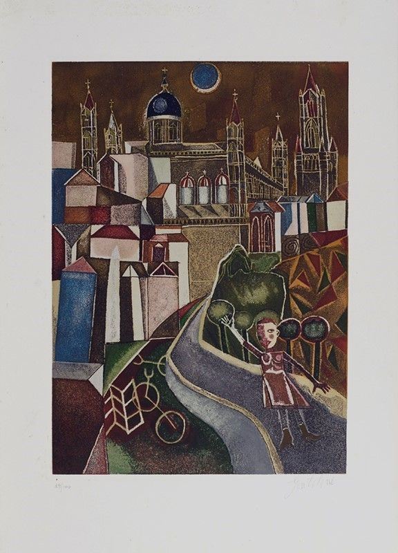 Franco Gentilini - Figura su sfondo cittadino