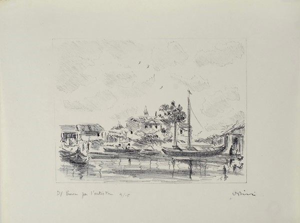 Filippo de Pisis : Paesaggio lacustre con barca  - Litografia - Asta Autori dell'800-900 - I - Galleria Pananti Casa d'Aste
