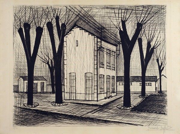 Bernard Buffet - Paesaggio con alberi e case