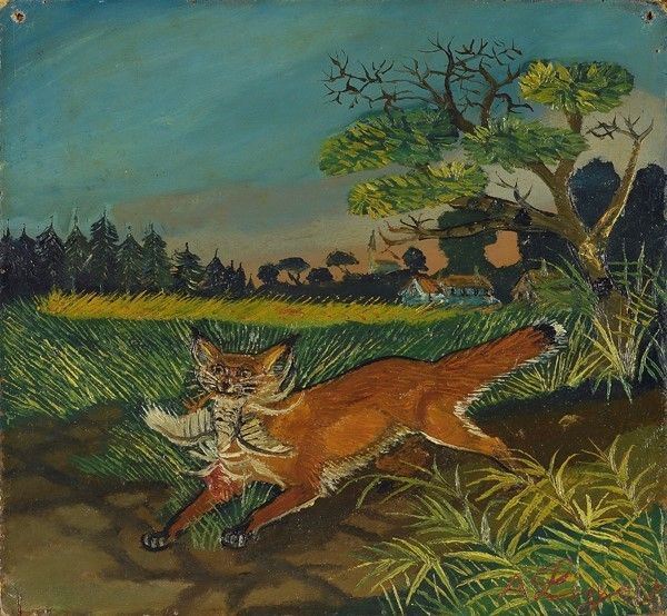 Antonio Ligabue : Volpe con pollo in bocca  ((1957-58))  - Olio su faesite - Asta Autori dell'800-900 - I - Galleria Pananti Casa d'Aste