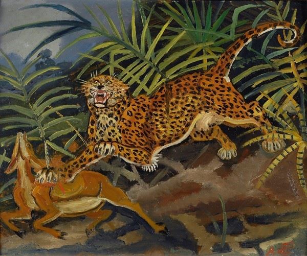 Antonio Ligabue : Leopardo con gazzella  ((1954-55))  - Olio su faesite - Asta Autori dell'800-900 - I - Galleria Pananti Casa d'Aste