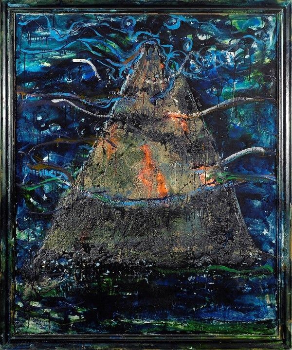 Mario Schifano : Mare in fondo  (1986)  - Smalto, acrilico e sabbia su tela e cornice dipinta - Asta Autori dell'800-900 - I - Galleria Pananti Casa d'Aste