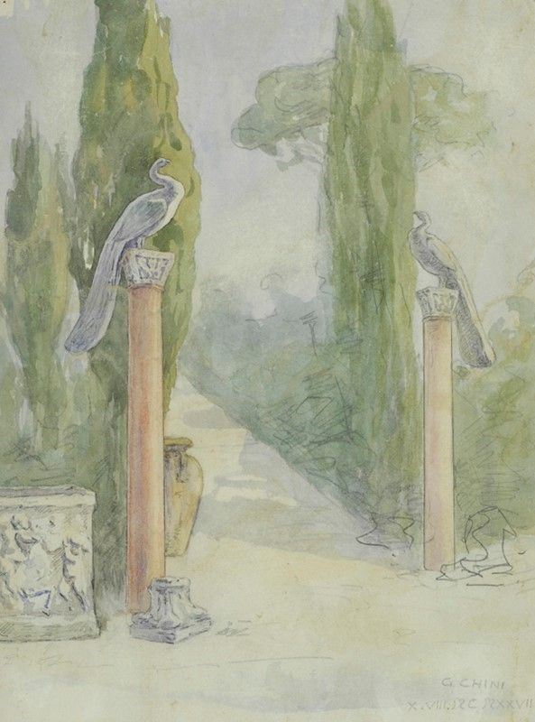Galileo Chini : Colonne con pavoni  (1952)  - Acquerello su carta - Asta Nuove proposte per una collezione - II - Galleria Pananti Casa d'Aste