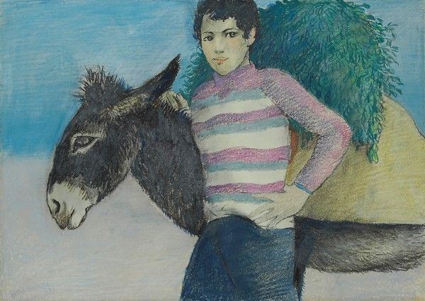 Nino Tirinnanzi : Ragazzo con ciuco  (1973)  - Pastelli su carta riportata su tela - Asta Autori dell'800-900 - I - Galleria Pananti Casa d'Aste