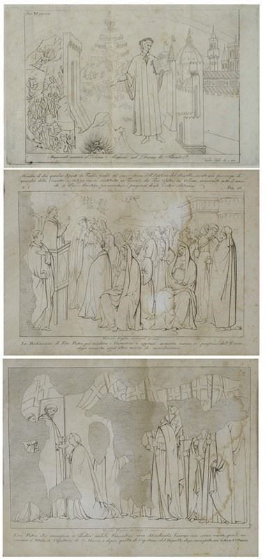 Dante Alighieri da  Domenico Michelino, La predica di Fra Pietro, Fra Pietro consegna a dodici nobili fiorentini lo stendardo, da affreschi di Taddeo Gaddi