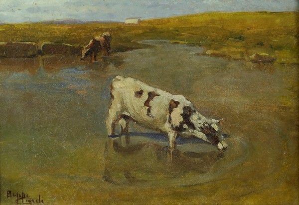 Beppe Ciardi : Mucca all'abbeveratoio  - Olio su tela - Asta Autori dell'800-900 - I - Galleria Pananti Casa d'Aste