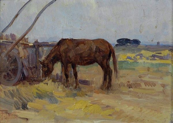 Filippo Anivitti : Cavallo al pascolo  - Olio su cartone - Asta Autori dell'800-900 - I - Galleria Pananti Casa d'Aste