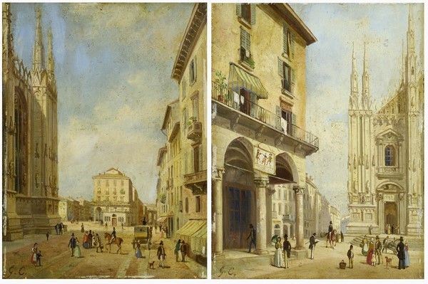 Scuola Lombarda, XIX Sec. - Scorci di Piazza del Duomo a Milano