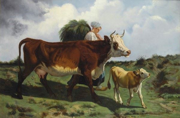 Contadina, mucca e vitellino