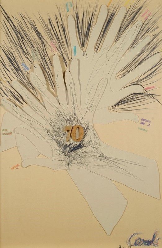 Mario Ceroli : Applausi  (1992)  - Tecnica mista e collage su tavola - Asta Autori dell'800-900 - I - Galleria Pananti Casa d'Aste
