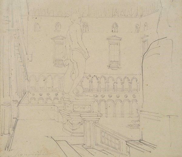 Telemaco Signorini : Venezia, cortile di palazzo  (1856)  - Matita su carta beige (riquadrato) - Auction Arte Contemporanea, Grafica ed Edizioni - I - Galleria Pananti Casa d'Aste