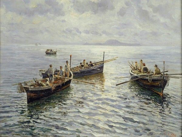 Attilio Pratella : Pescatori nel golfo di Napoli  - Olio su tela - Auction Autori dell'800-900, Moderni e Contemporanei, Grafica ed Edizioni - I - Galleria Pananti Casa d'Aste