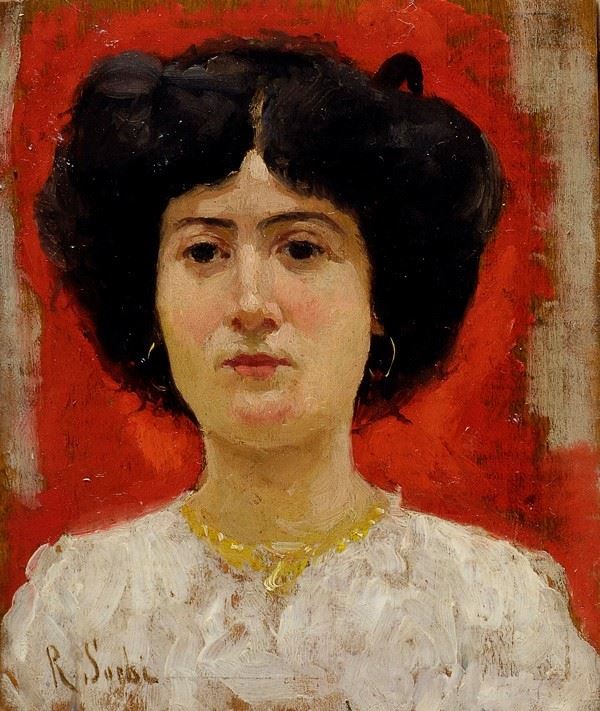 Raffaello Sorbi - Ritratto di donna su fondo rosso