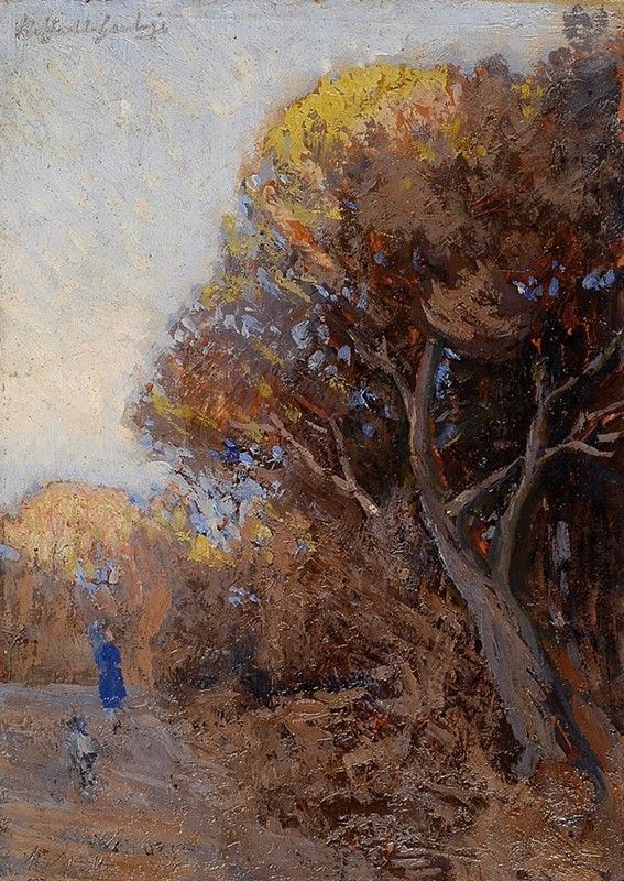 Raffaello Gambogi : Paesaggio con figure  - Olio su cartone - Asta Autori dell'800-900, Arte Moderna e Contemporanea, Grafica ed Edizioni - Galleria Pananti Casa d'Aste