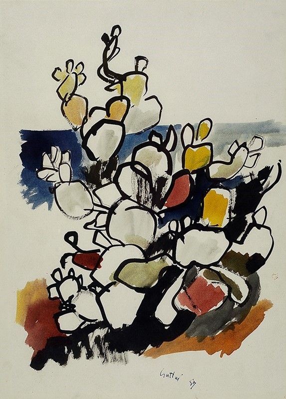 Renato Guttuso : Cactus  (1957)  - Acquerello e china su carta - Asta Autori dell'800-900, Arte Moderna e Contemporanea, Grafica ed Edizioni - Galleria Pananti Casa d'Aste