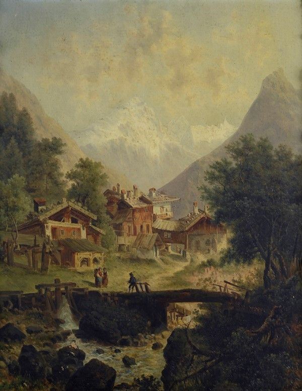 Emil Barbarini : Paesaggio con ponte e figure  - Olio su tavola - Auction Autori dell'800-900, Arte Moderna e Contemporanea, Grafica ed Edizioni - Galleria Pananti Casa d'Aste