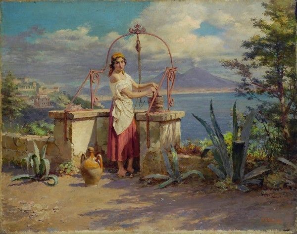 Fortunino Matania : Donna al pozzo  - Olio su tela - Asta Autori dell'800-900, Arte Moderna e Contemporanea, Grafica ed Edizioni - Galleria Pananti Casa d'Aste