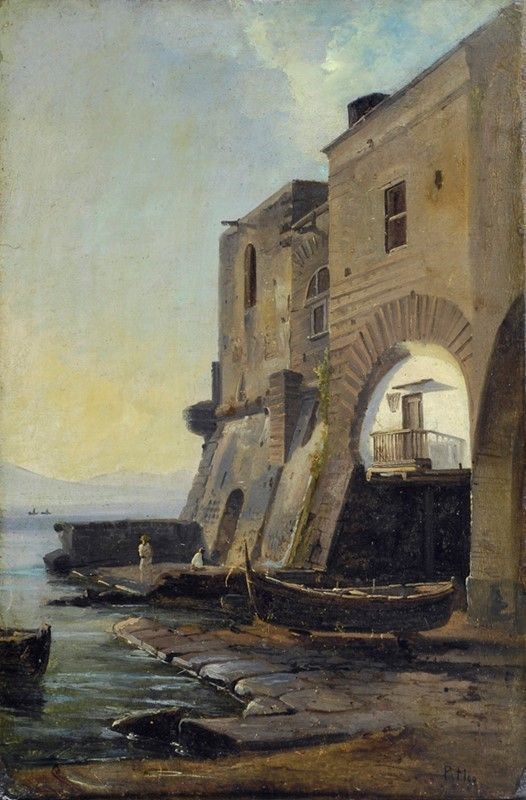 Scuola di Posillipo : Palazzo della Panatica a Santa Lucia  - Olio su carta riportata su tela - Asta Autori dell'800-900, Arte Moderna e Contemporanea, Grafica ed Edizioni - Galleria Pananti Casa d'Aste