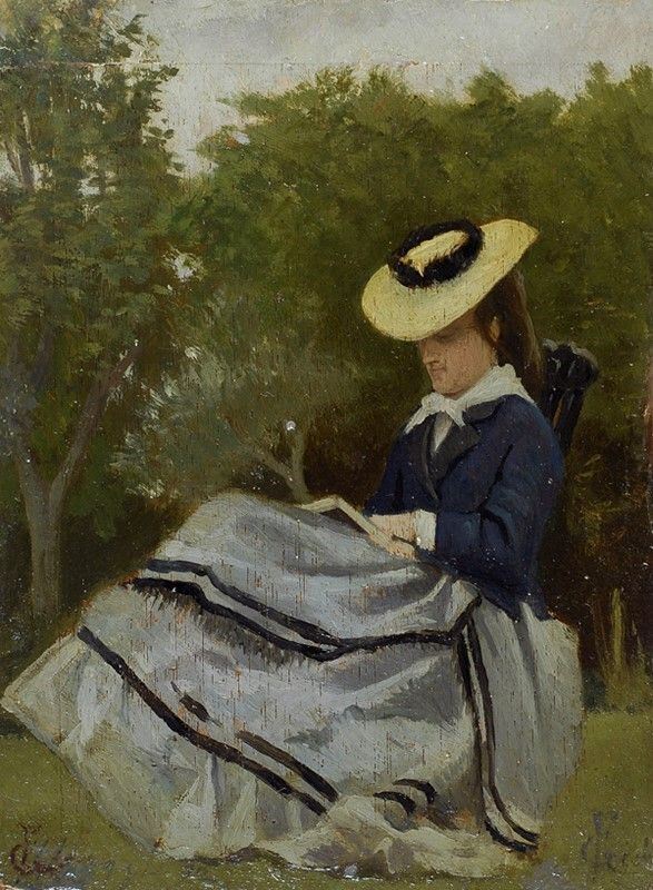 Francesco Gioli : Signora in giardino (Signora che legge)  (1872)  - Olio su tavola - Auction Autori dell'800-900, Moderni e Contemporanei, Grafica ed Edizioni - I - Galleria Pananti Casa d'Aste