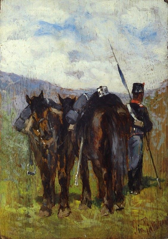 Giovanni Fattori : Soldato con due cavalli  ((1890-1895))  - Olio su tavola - Asta Opere scelte dell'ottocento italiano da collezioni private - I - Galleria Pananti Casa d'Aste