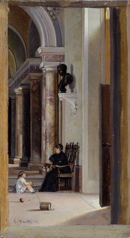 Cristiano Banti : La marchesa Vettori con il  piccolo Mario Banti alla villa "Il Barone"  (1875)  - Olio su tavola - Asta Opere scelte dell'ottocento italiano da collezioni private - I - Galleria Pananti Casa d'Aste