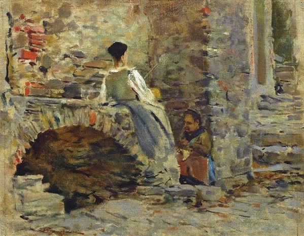 Telemaco Signorini : Donne a Riomaggiore  ((1890 circa))  - Olio su tela riportata su cartone - Asta Opere scelte dell'ottocento italiano da collezioni private - I - Galleria Pananti Casa d'Aste