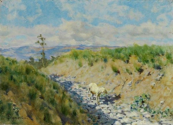 Telemaco Signorini : La pecora smarrita  ((1880-1885))  - Olio su cartoncino riportato su tavola - Asta Opere scelte dell'ottocento italiano da collezioni private - I - Galleria Pananti Casa d'Aste