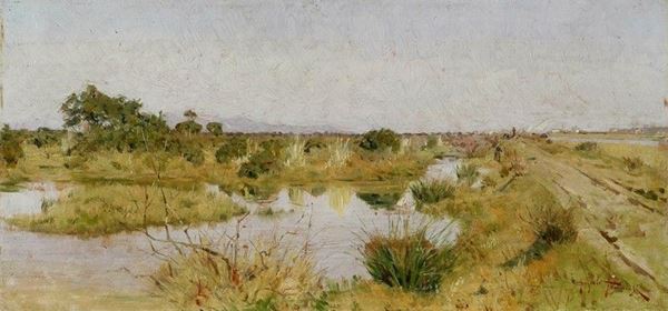 Angiolo Tommasi : Paesaggio palustre  ((1895-1900))  - Olio su tavola - Asta Autori del XIX e XX sec. - III - Galleria Pananti Casa d'Aste