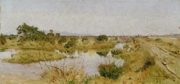 Angiolo Tommasi : Paesaggio palustre  ((1895-1900))  - Olio su tavola - Auction Opere scelte dell'ottocento italiano da collezioni private - I - Galleria Pananti Casa d'Aste