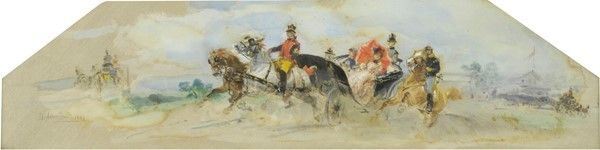 Sebastiano De Albertis : Ritorno dalle corse  (1887)  - Acquarello su seta - Asta Autori dell'800-900, Moderni e Contemporanei, Grafica ed Edizioni - I - Galleria Pananti Casa d'Aste