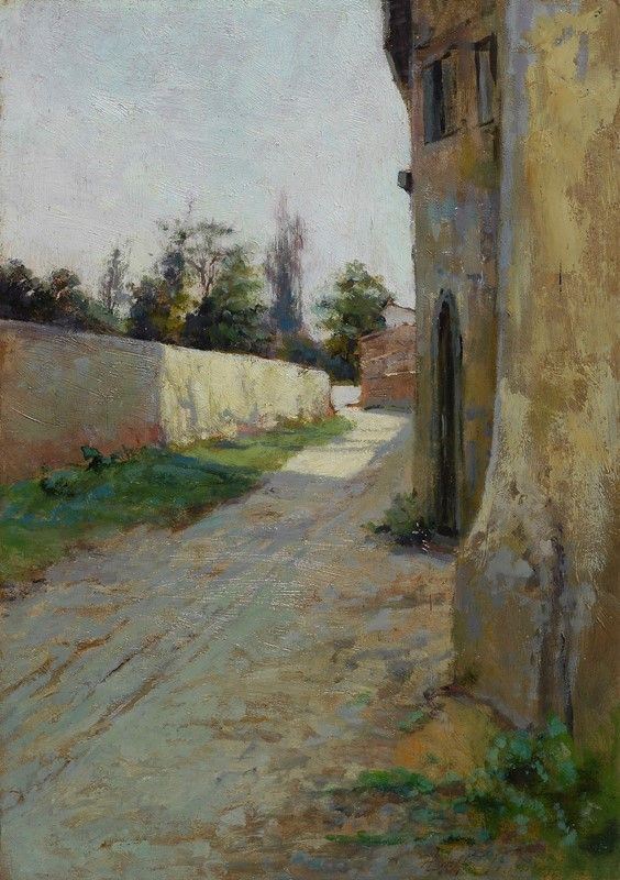 Adolfo Tommasi : Viottolo di paese  ((1885-1890))  - Olio su tavola - Asta Autori del XIX e XX sec. - II - Galleria Pananti Casa d'Aste