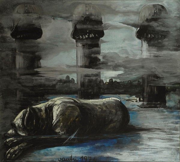 Sergio Vacchi : Un cane per Vinicio  (1974)  - Olio su tela - Asta Autori dell'800-900, Arte Moderna e Contemporanea, Grafica ed Edizioni - Galleria Pananti Casa d'Aste