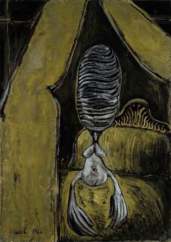 Sergio Vacchi : Bozzetto per la parrucca  (1964)  - Olio su carta riportata su tela - Asta Autori dell'800-900, Arte Moderna e Contemporanea, Grafica ed Edizioni - Galleria Pananti Casa d'Aste
