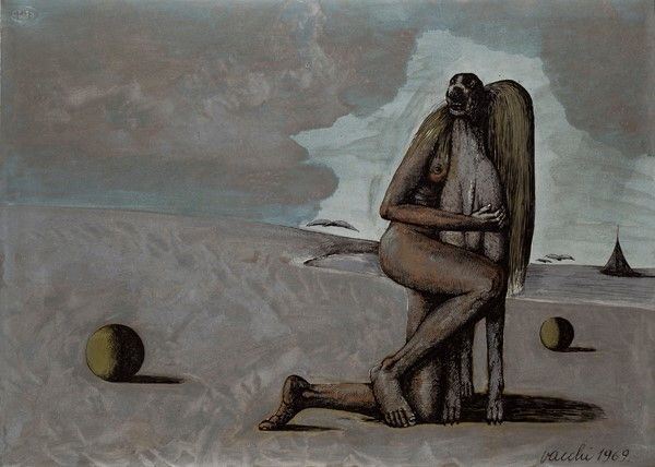 Sergio Vacchi : Bagnante con cane  (1969)  - Tecnica mista su carta riportata su tela - Asta Autori dell'800-900, Arte Moderna e Contemporanea, Grafica ed Edizioni - Galleria Pananti Casa d'Aste