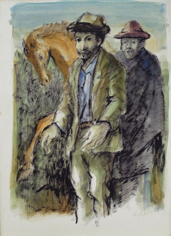 Domenico Purificato : Figure e cavallo  ((1976))  - Tecnica mista su cartone - Auction Autori dell'800-900, Arte Moderna e Contemporanea, Grafica ed Edizioni - Galleria Pananti Casa d'Aste