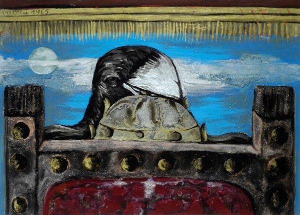 Sergio Vacchi : Il pasto del colonnello  (1965)  - Olio su carta riportata su tela - Asta Autori dell'800-900, Arte Moderna e Contemporanea, Grafica ed Edizioni - Galleria Pananti Casa d'Aste