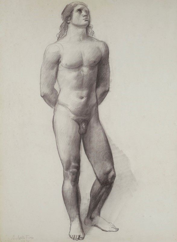 Achille Funi : Nudo maschile  (1931)  - Matita su carta riportata su tela - Asta Autori dell'800-900, Arte Moderna e Contemporanea, Grafica ed Edizioni - Galleria Pananti Casa d'Aste