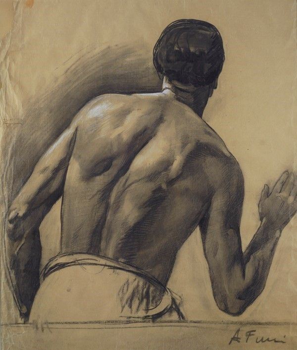 Achille Funi : Figura di spalle  - Carboncino e biacca su carta - Asta Autori dell'800-900, Arte Moderna e Contemporanea, Grafica ed Edizioni - Galleria Pananti Casa d'Aste
