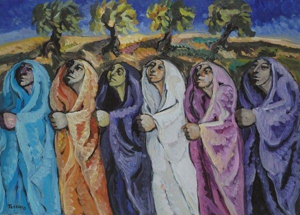 Saverio Terruso : Oranti con paesaggio  - Olio su tela - Auction Autori dell'800-900, Arte Moderna e Contemporanea, Grafica ed Edizioni - Galleria Pananti Casa d'Aste