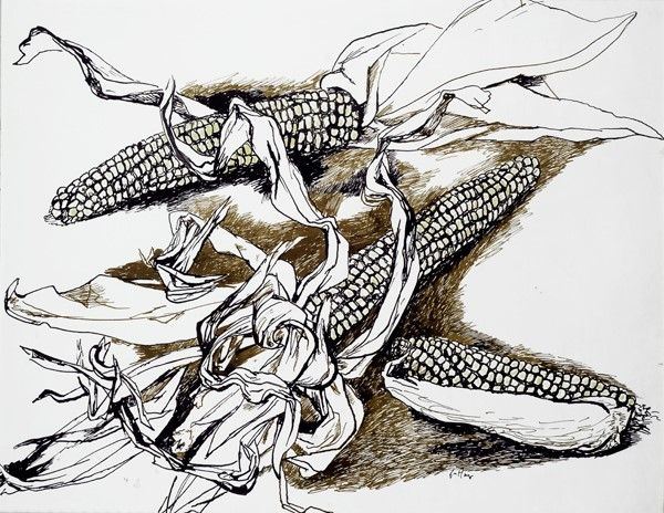 Renato Guttuso : Pannocchie  (1963-64)  - China e acquarello su cartoncino riportato su tela - Asta Autori dell'800-900, Arte Moderna e Contemporanea, Grafica ed Edizioni - Galleria Pananti Casa d'Aste