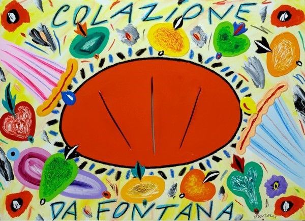 Bruno Donzelli : Colazione da Fontana  - Acrilico su tela - Asta Autori dell'800-900, Arte Moderna e Contemporanea, Grafica ed Edizioni - Galleria Pananti Casa d'Aste