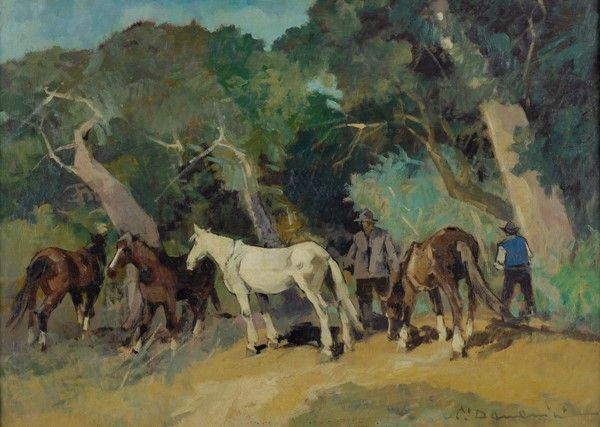Carlo Domenici : Cavalli e butteri  - Olio su faesite - Asta Autori dell'800-900, Arte Moderna e Contemporanea, Grafica ed Edizioni - Galleria Pananti Casa d'Aste