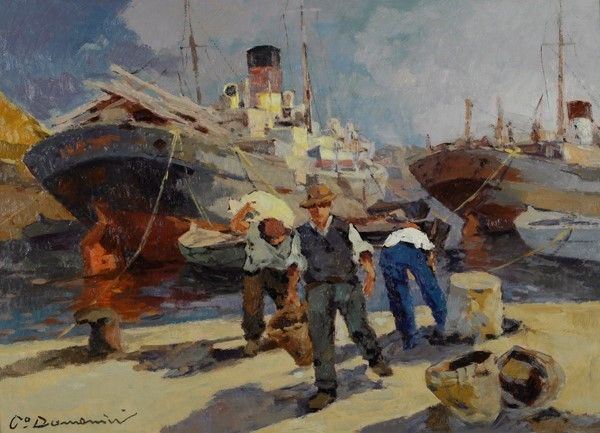Carlo Domenici : Scaricatori  - Olio su faesite - Auction Autori dell'800-900, Arte Moderna e Contemporanea, Grafica ed Edizioni - Galleria Pananti Casa d'Aste
